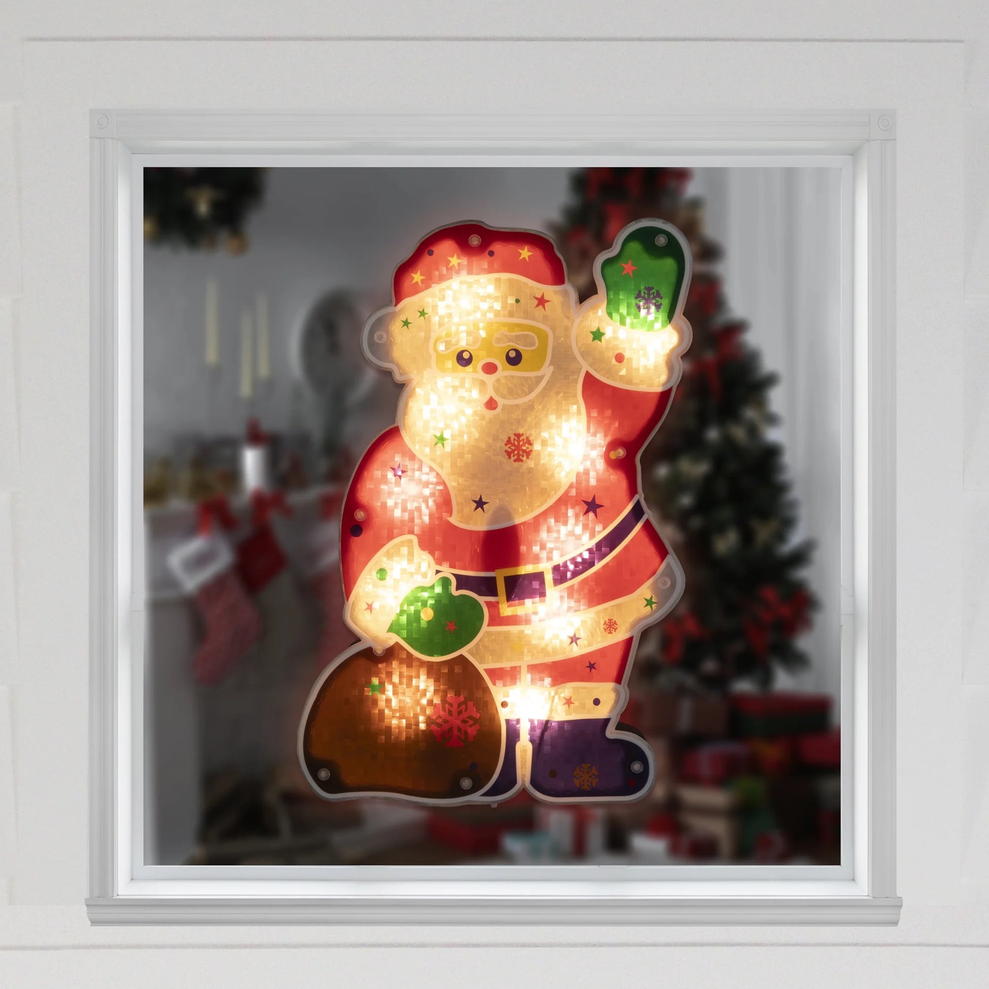 Lighted Holographic Santa Claus Christmas Window Silhouette - 13" - Clear Lights