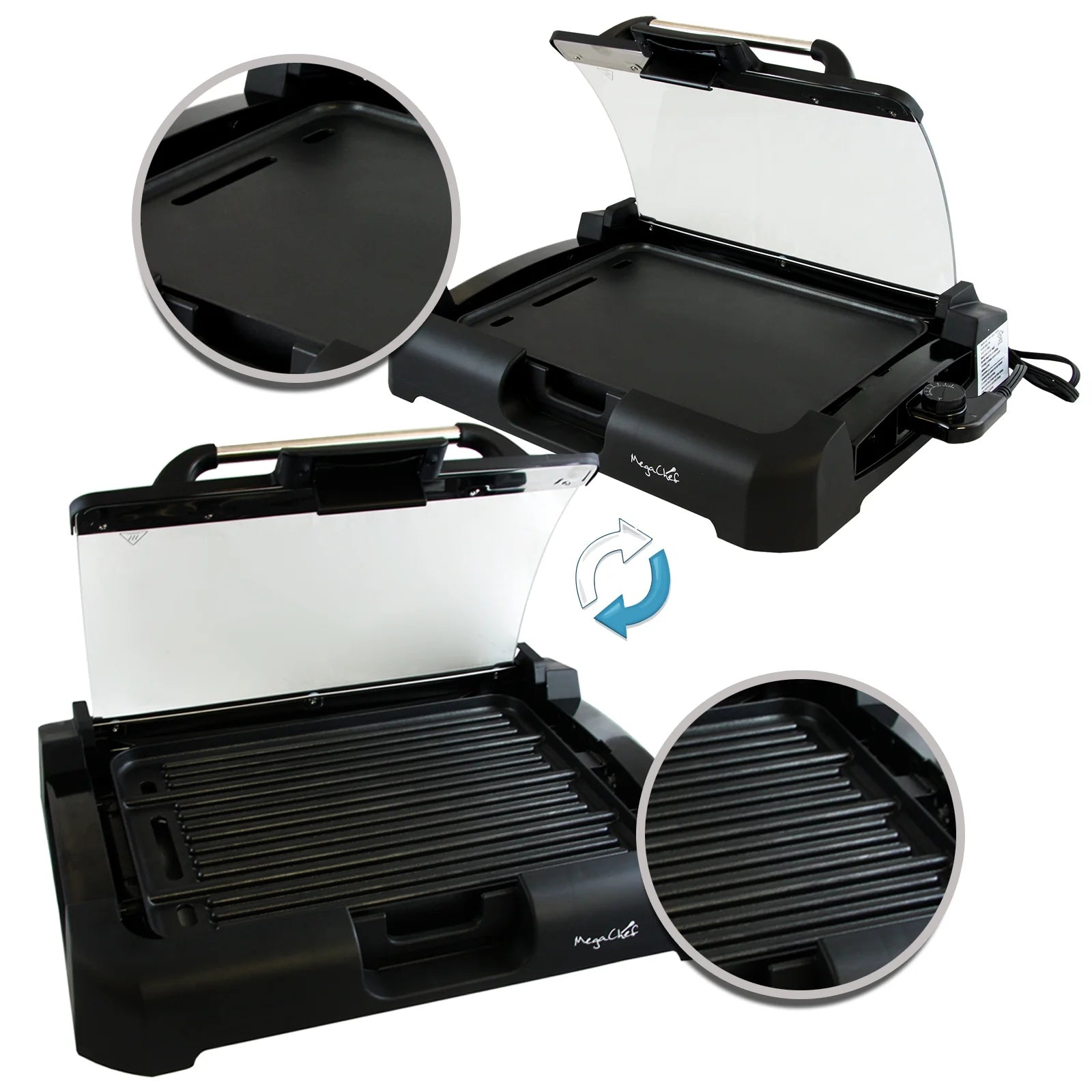 Reversible Indoor Grill and Griddle with Removable Glass Lid