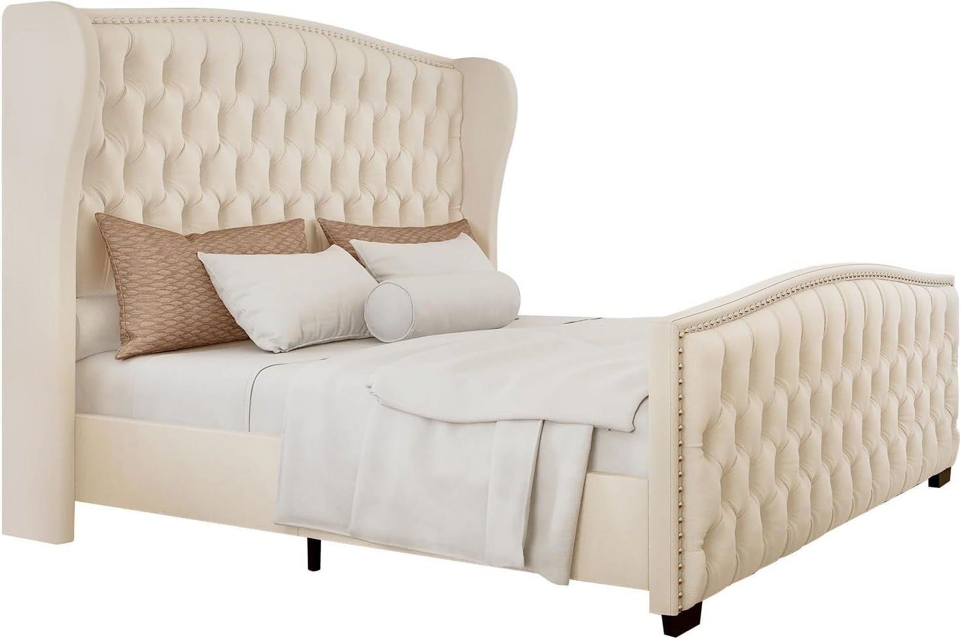 King Platform Bed Frame with Wingback Headboard, Cream