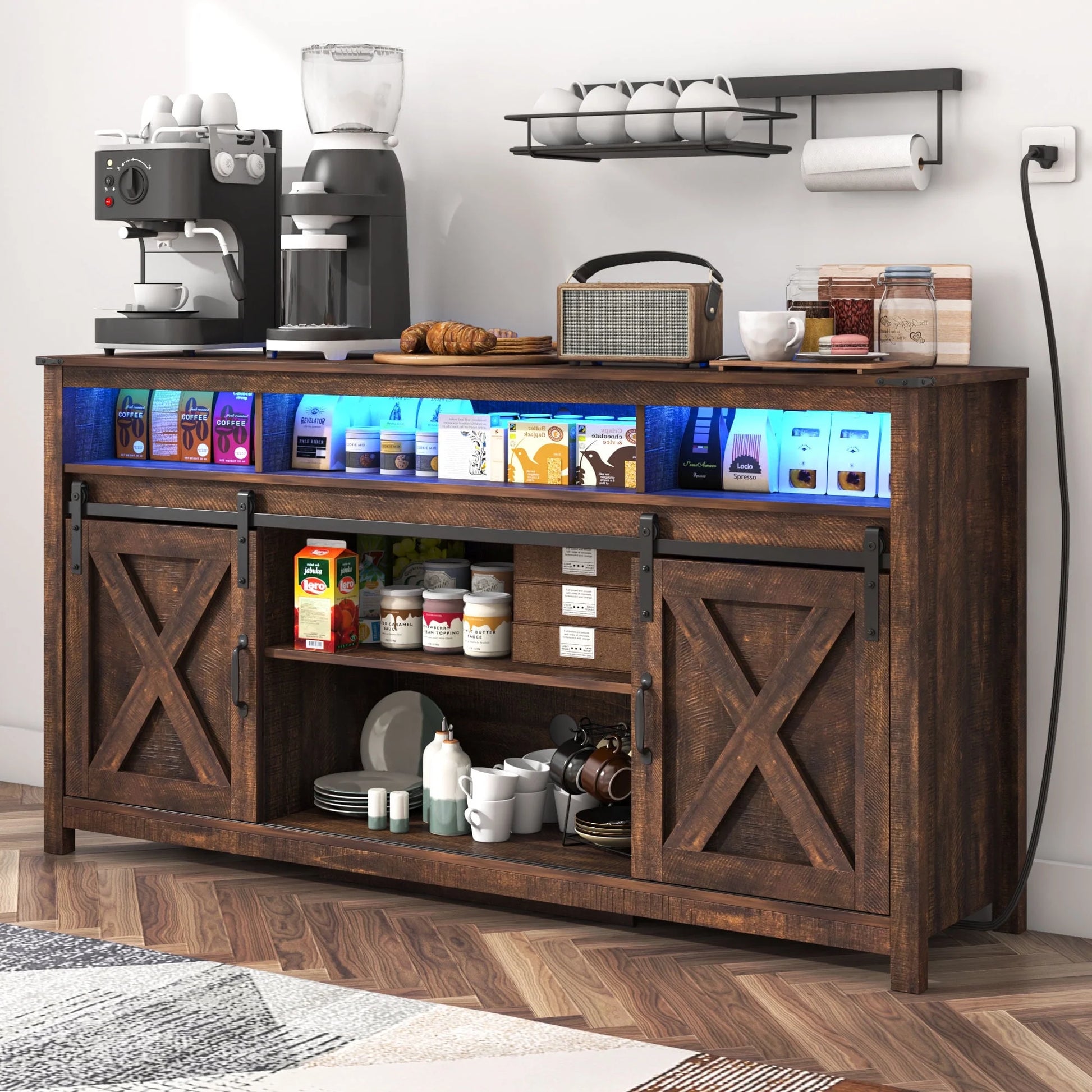 60" Farmhouse Coffee Bar Cabinet with LED Light & Power Outlets, Barn Door Sideboard Buffet Cabinet with 4 Tier Storage