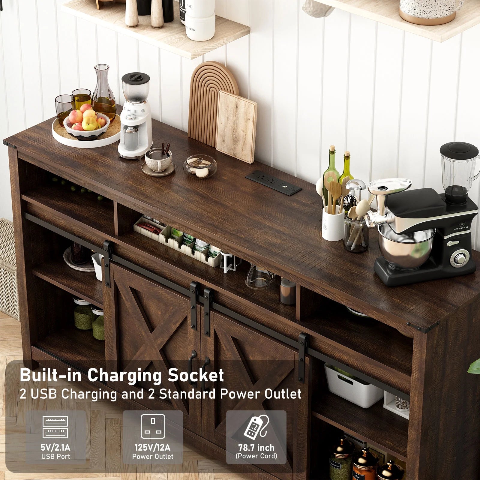 60" Farmhouse Coffee Bar Cabinet with LED Light & Power Outlets, Barn Door Sideboard Buffet Cabinet with 4 Tier Storage