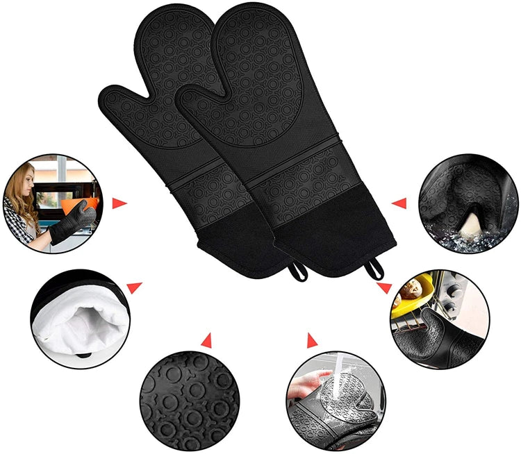 LMETJMA 6Pcs Extra Long Oven Mitts and Pot Holders Sets Heat Resistant Silicone Cooking Gloves Hot Pads Potholders KC0419