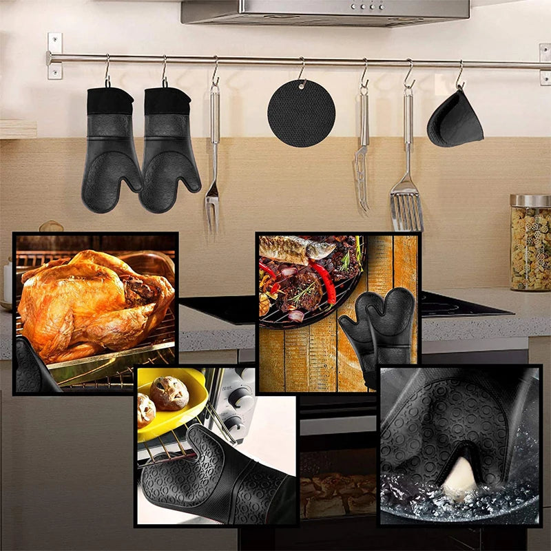 LMETJMA 6Pcs Extra Long Oven Mitts and Pot Holders Sets Heat Resistant Silicone Cooking Gloves Hot Pads Potholders KC0419