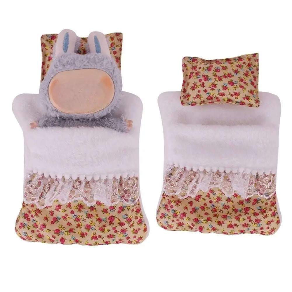 For 17cm Labubu Doll Accessories Sleeping Bag Cute Lace Style Doll Quilts Pillow Flower Strawberry Soft Doll Decoration Toys