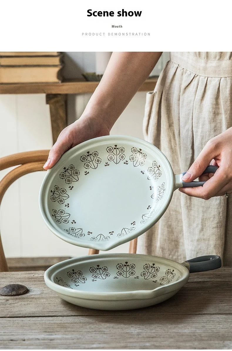 Ceramic Baking Pan Flat Bottomed Frying Pan Wok Pan Fruit Plate with Handle Dinner Dish Party Buffet Restaurant Cookware