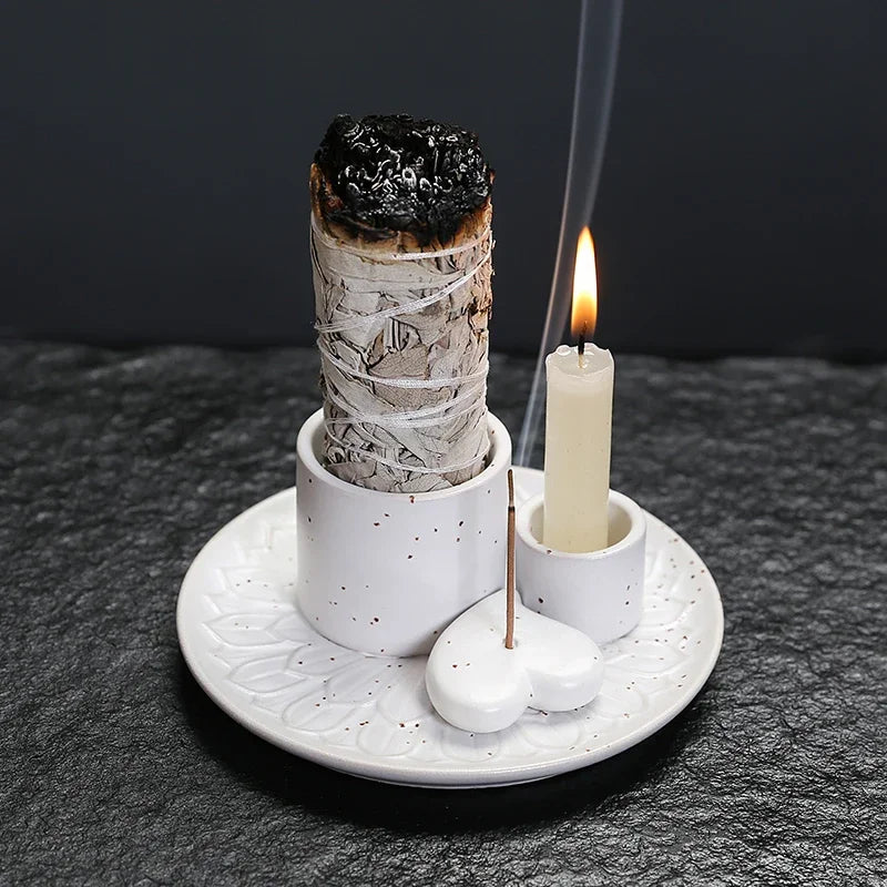 1Pcs Ceramic Incense Burner Holder Multifunctional 4-in-1 for Palo Santo Sage Sticks Candles & Crystals Ideal for Christmas