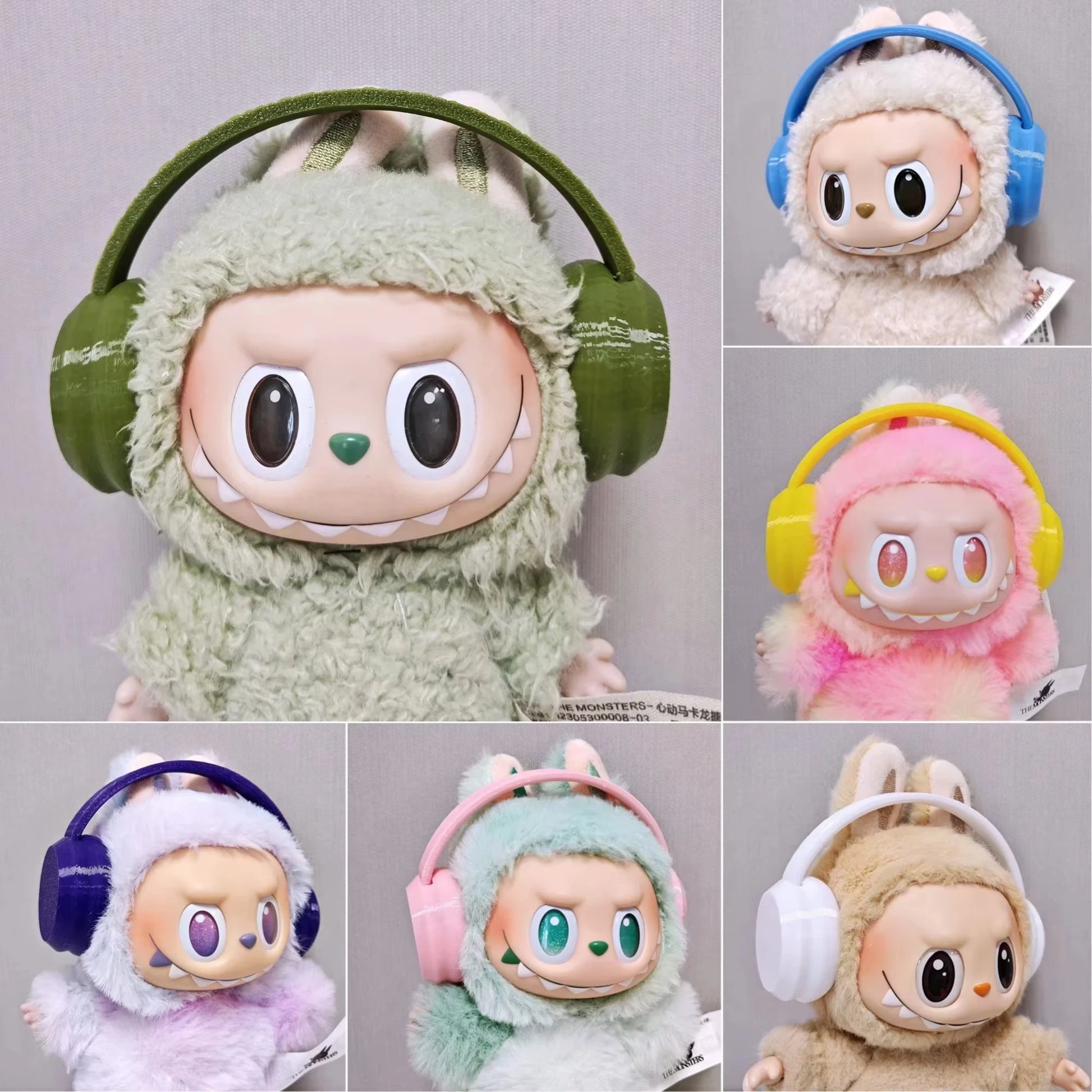 Collage of plush toys with colorful headbands on a gray background