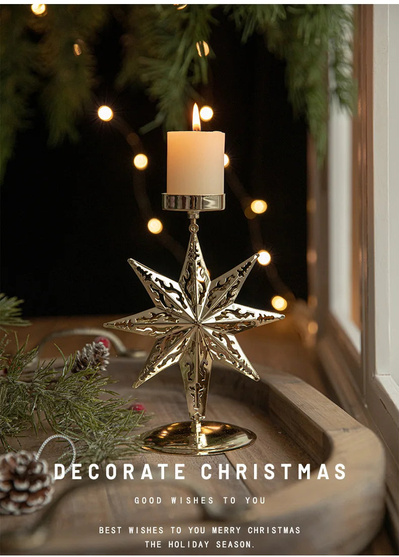 Christmas Golden Wrought Iron Candlestick Star Elk Christmas Tree Candle Holder Merry Christmas New Year Table Decoration