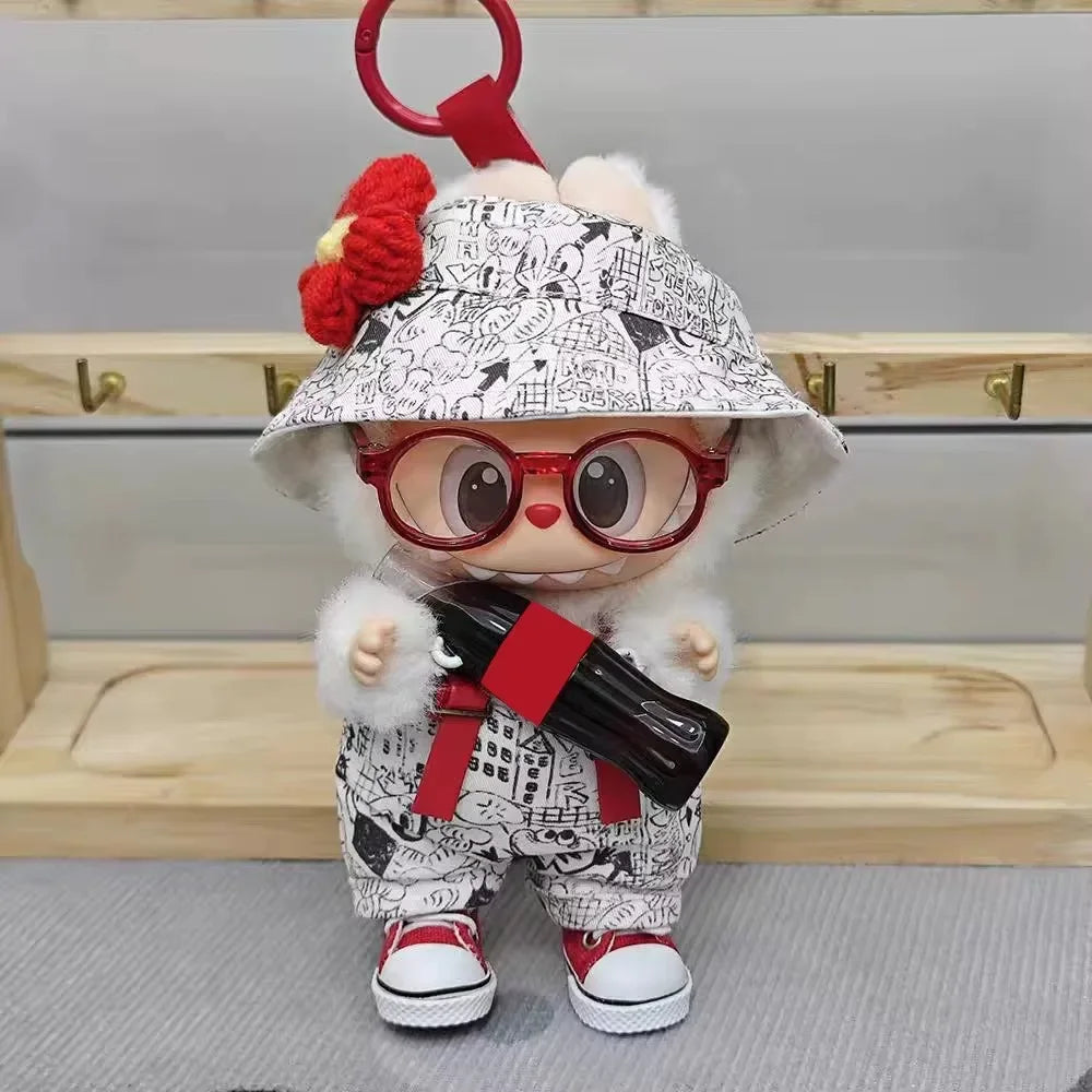 Toy figure with a hat, glasses, and a small bag on a neutral background