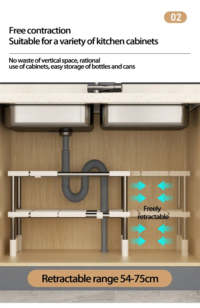Kitchen Rack Retractable Under Sink Shelf Cabinet 2 Layer Multipurpose Pot Rack Cabinet Layered Storage Rack Bathroom Organizer