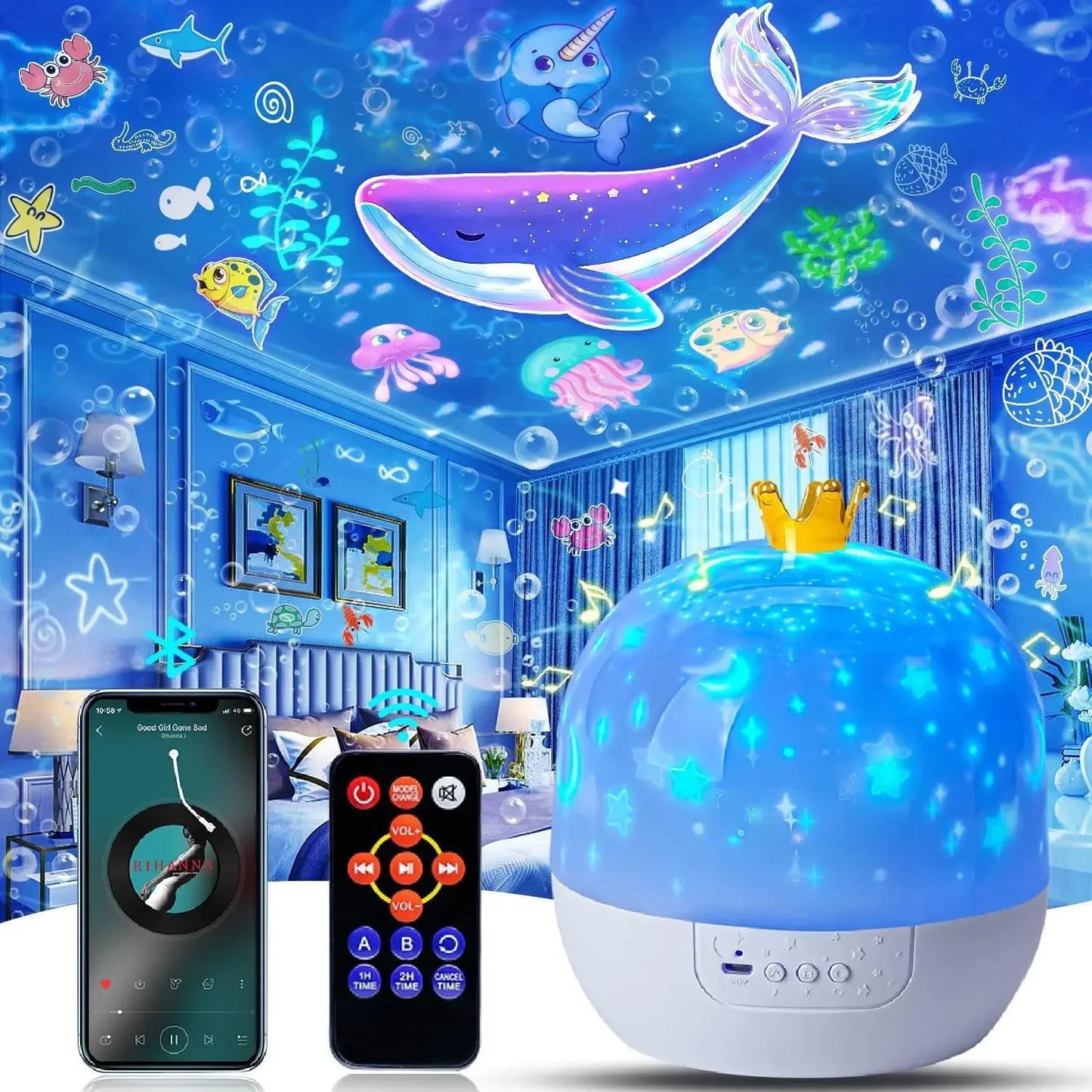 Kids Star Night Light Projector , 360° Rotation Galaxy Starry Sky Projector with Bluetooth Speaker for Bedroom Home Decor Gifts