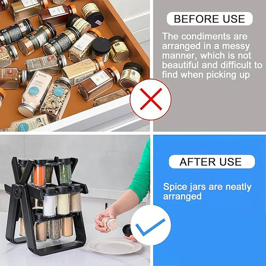 360° Rotating Spice Rack with 18 Glass Spice Jar Set Convenient Salt and Pepper Shakers Seasoning Organizer Kitchen Supplies