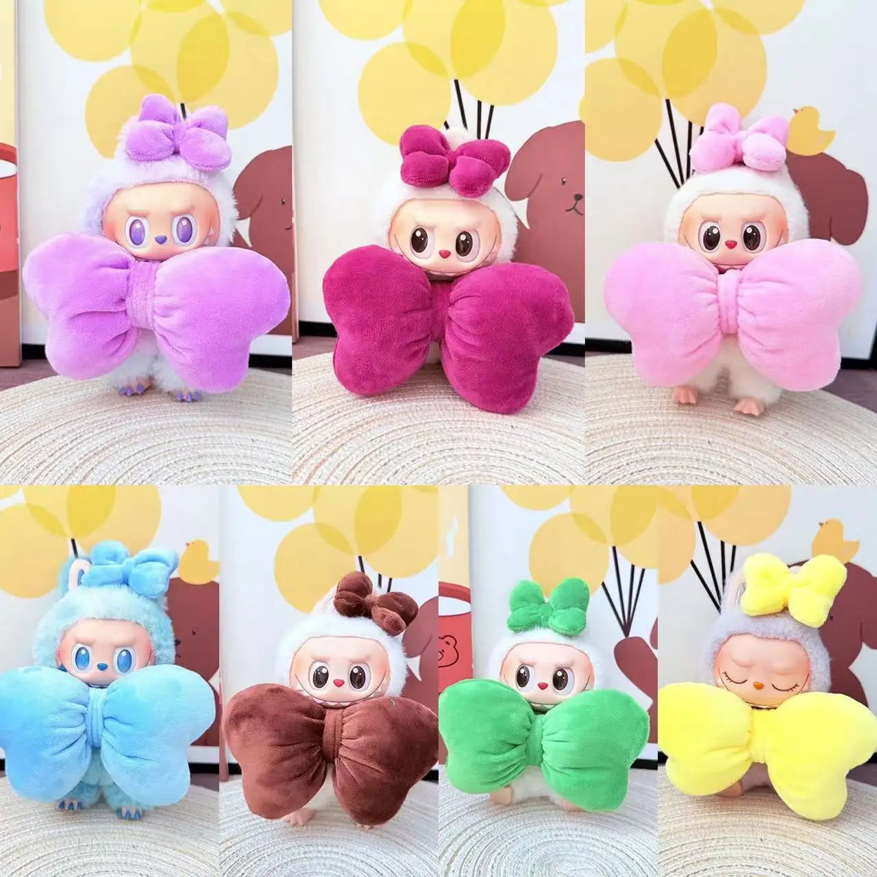 Collage of colorful plush toys with butterfly wings on a neutral background