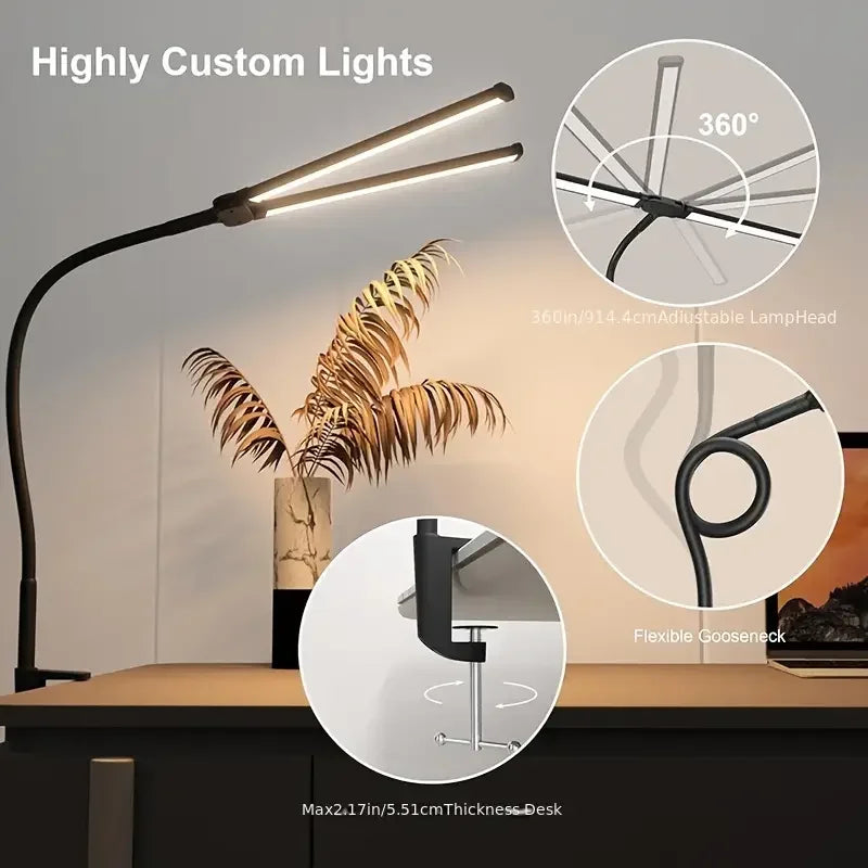 Led Desk Lamp for Office Home Bright Desk Light with Clamp USB Adapter Desk Lamp Stepless Dimming Adjustable Flexible Gooseneck