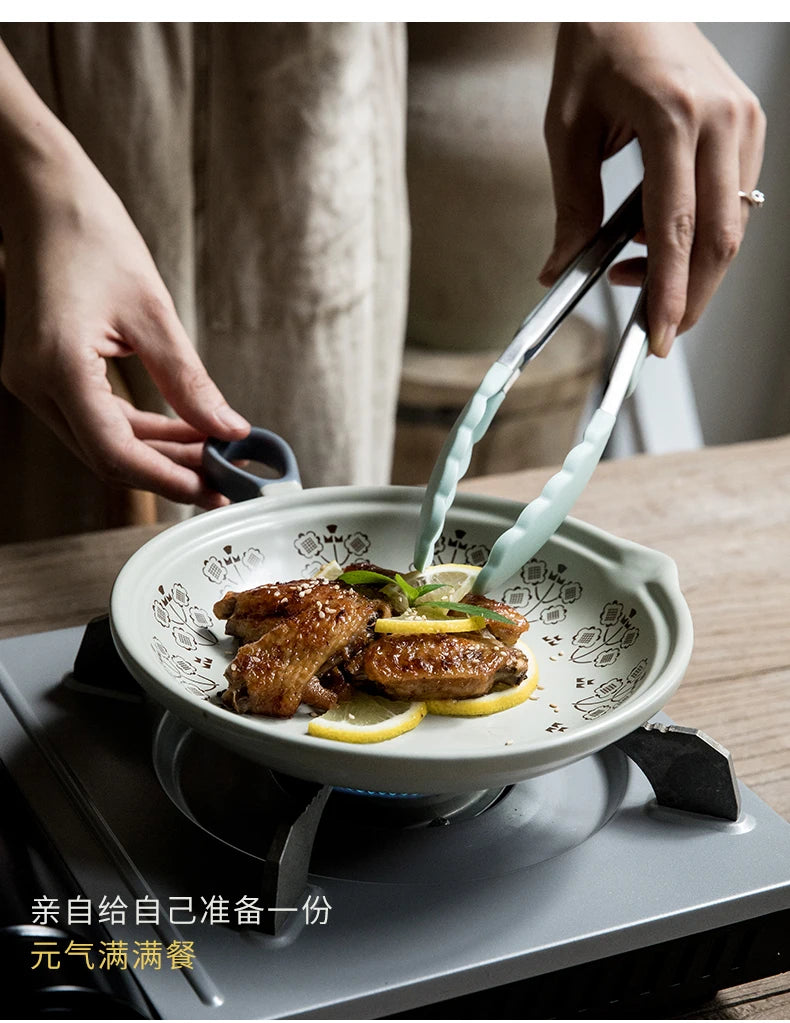 Ceramic Baking Pan Flat Bottomed Frying Pan Wok Pan Fruit Plate with Handle Dinner Dish Party Buffet Restaurant Cookware