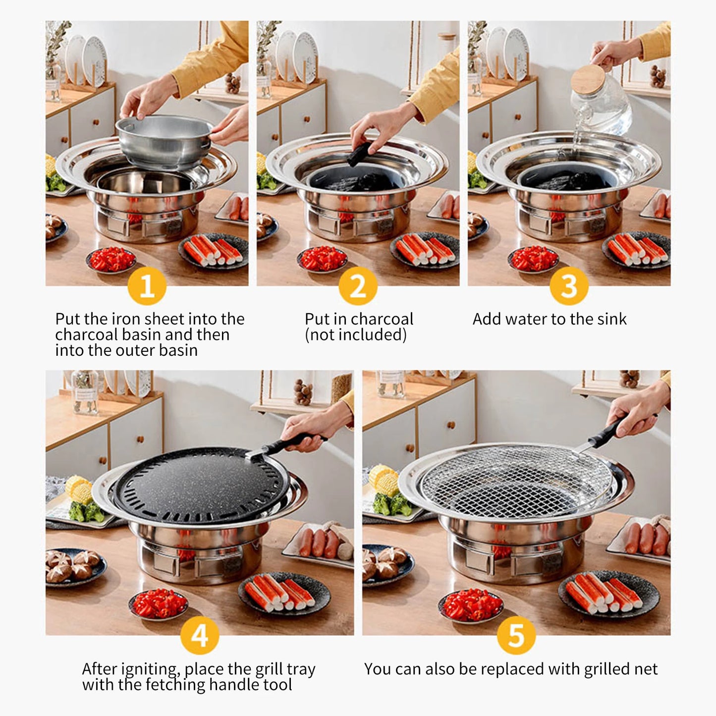 13 Inch Korean BBQ Grill Multifunctional Charcoal Barbecue Grill Round Camping Grill Stove Tabletop Smoker Grill Grilled Net & Tray
