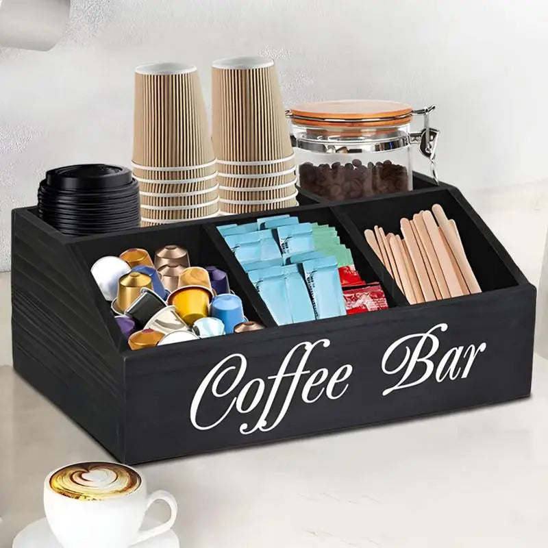 Coffee Tea Holder Basket Countertop Wooden Basket Holder Coffee Station Organizer With Removable Dividers For Home Offices