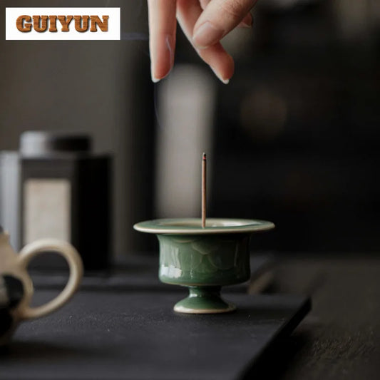 Yue Kiln Celadon Relief Incense Holder Diffuser Incense Burners Stand For Incense Aromatherapy Censer Tea Items Decoration Craft