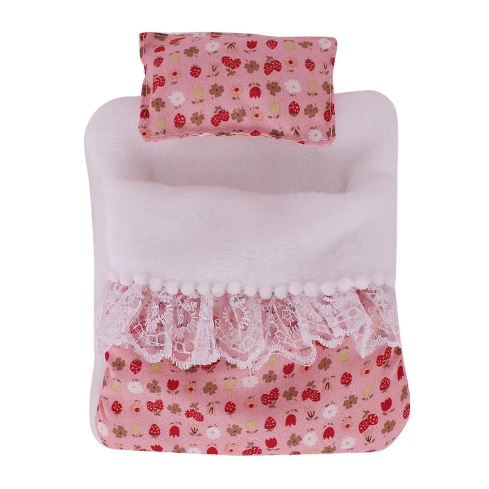 For 17cm Labubu Doll Accessories Sleeping Bag Cute Lace Style Doll Quilts Pillow Flower Strawberry Soft Doll Decoration Toys