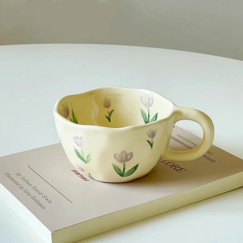 Ceramic Mugs Cute Hand Pinched Irregular Flower Heart Pattern Coffee Cup Ins Style Drinkware Kitchen Breakfast Milk Tea Cups