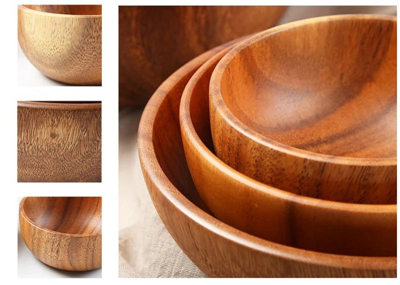 Acacia Wooden Fruit Salad Bowl, Japanese Style Rice Bowl, Single Wooden Ramadan Tableware, Utensils for Kitchen, Wood Soup Bowls