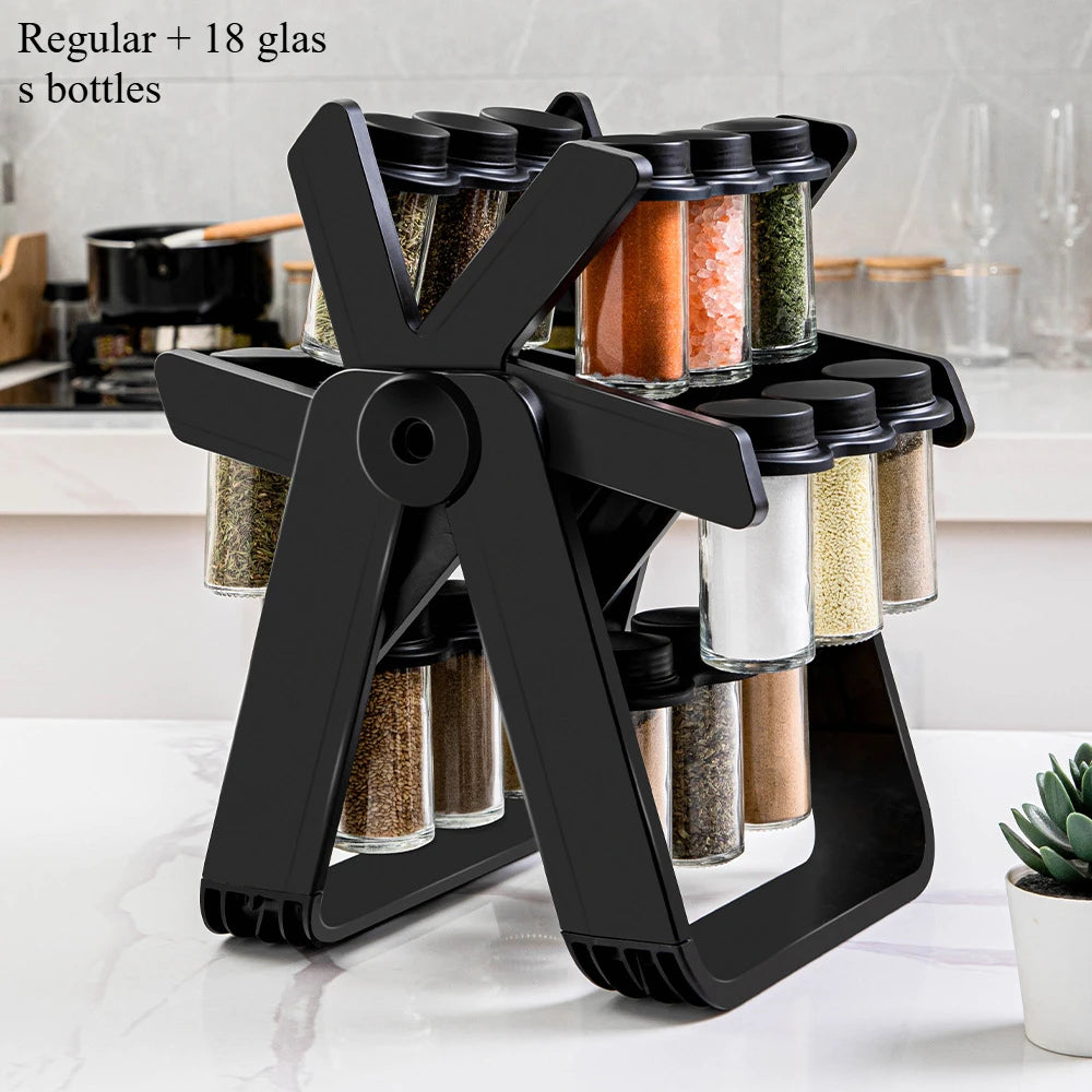 360° Rotating Spice Rack with 18 Glass Spice Jar Set Convenient Salt and Pepper Shakers Seasoning Organizer Kitchen Supplies