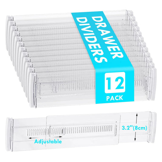 Drawer Dividers, 12 pack Adjustable Drawer Organizer, Clear Expandable Dresser Organizer for Clothes Kitchen Utensils Storage