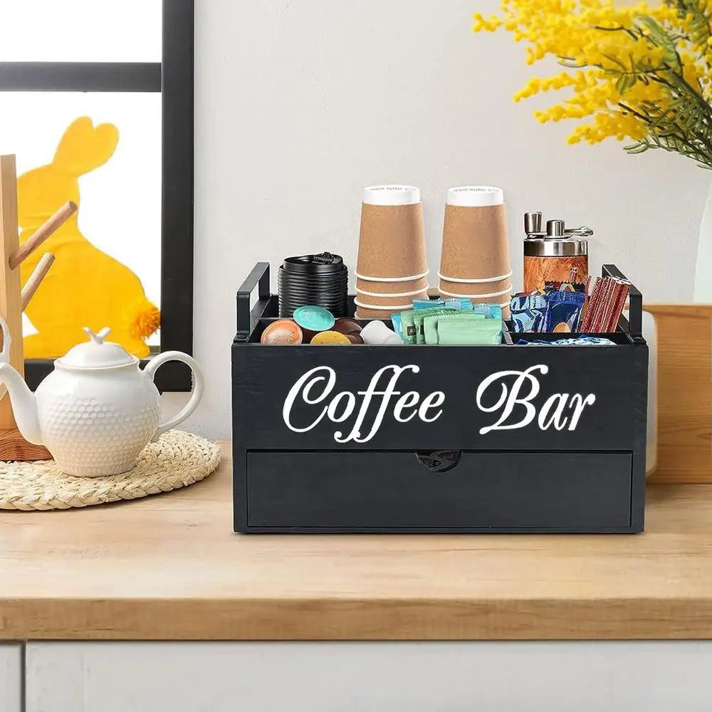 Coffee Tea Holder Basket Countertop Wooden Basket Holder Coffee Station Organizer With Removable Dividers For Home Offices
