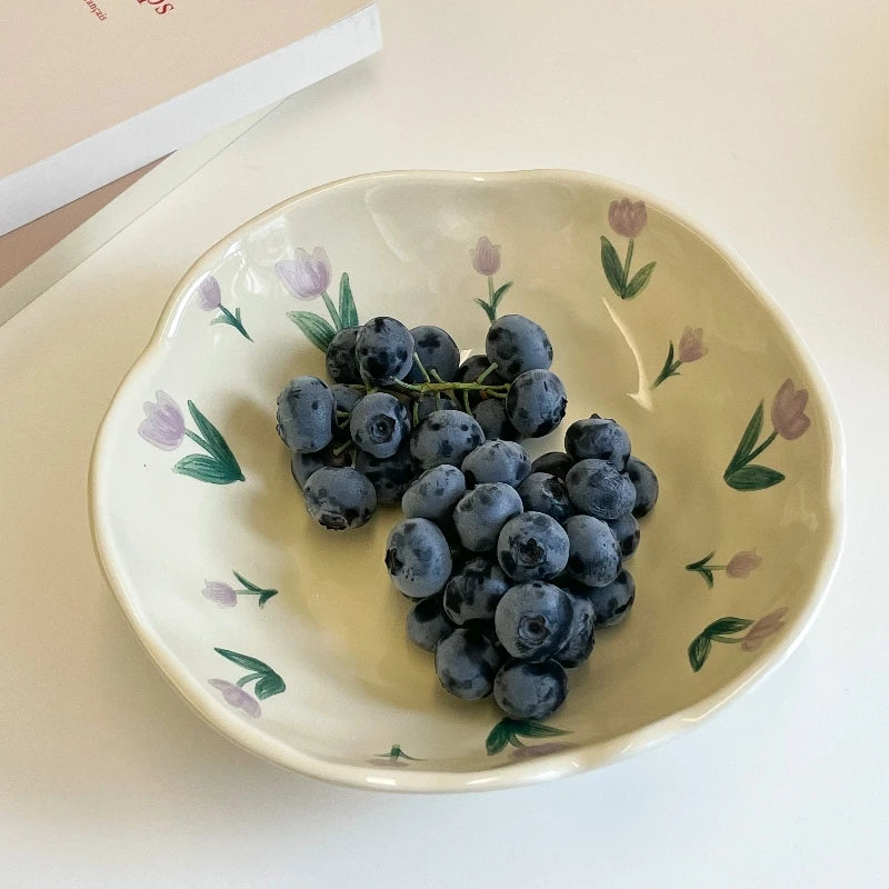 1PCS Ceramic Salad Bowl Hand Pinched Irregular Ins Korean Style Cream Yellow Yogurt Bowl Oatmeal Breakfast Plates Flower Bowl