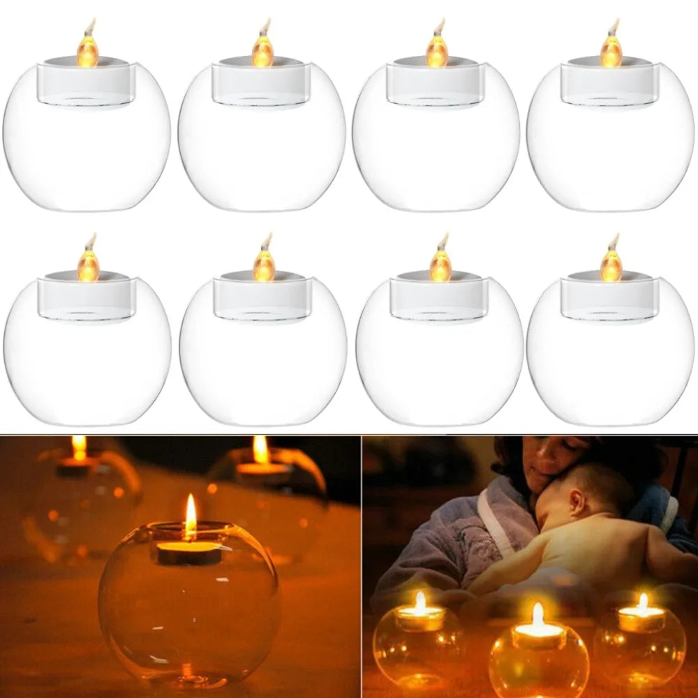 6/12Pcs Transparent Round Hollow Glass Candle Holder Christmas Wedding Banquet Bar Party Wax Holder Candlesticks Home Decoration