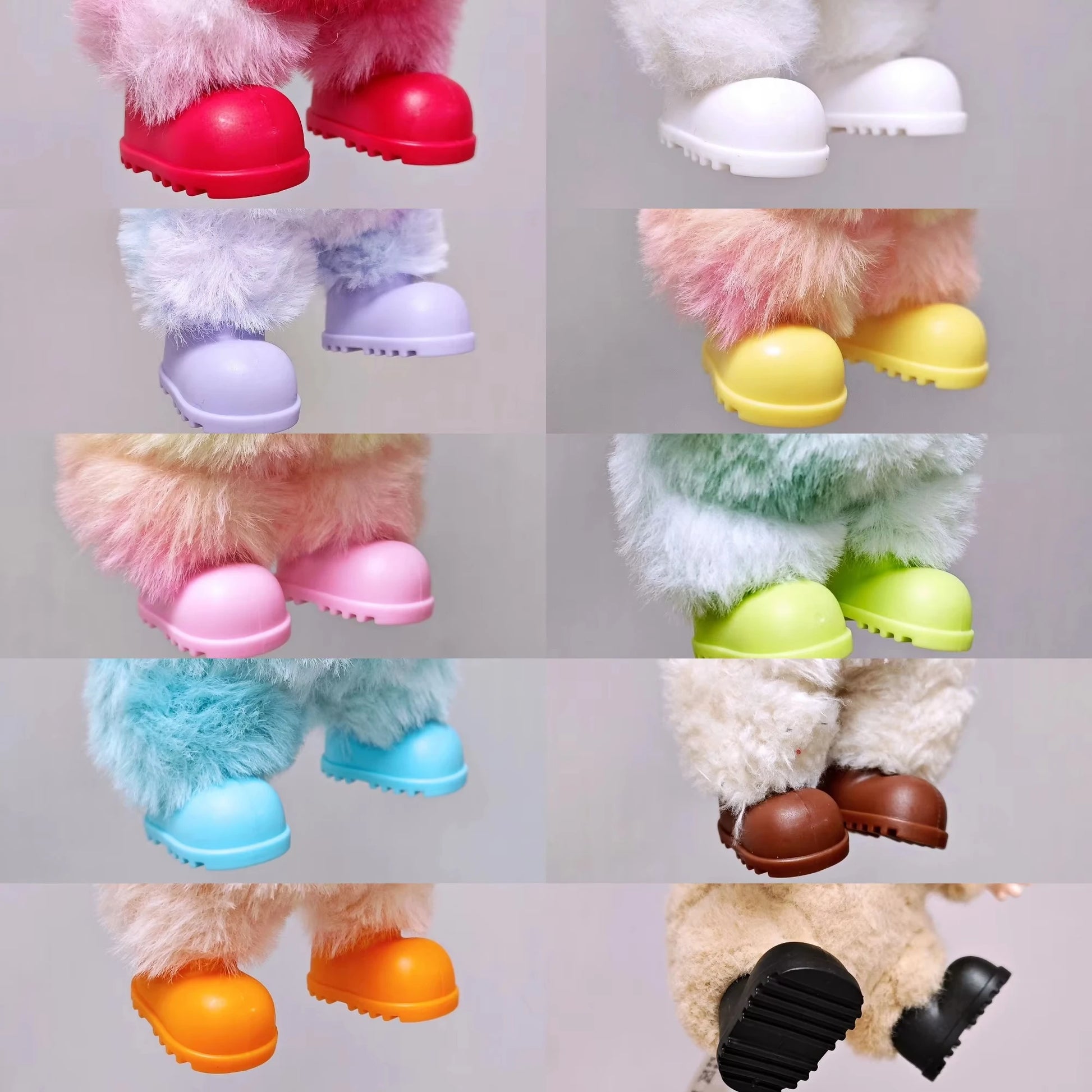 Collage of colorful boots on a plush toy with various color options.