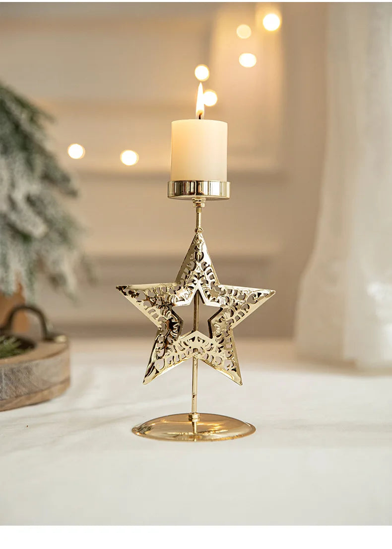 Christmas Golden Wrought Iron Candlestick Star Elk Christmas Tree Candle Holder Merry Christmas New Year Table Decoration