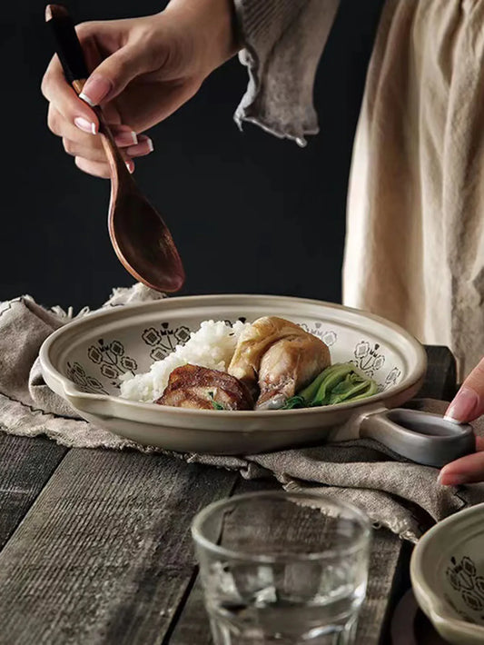 Ceramic Baking Pan Flat Bottomed Frying Pan  Wok Pan Fruit Plate with Handle Dinner  Dish Party Buffet Restaurant Cookware