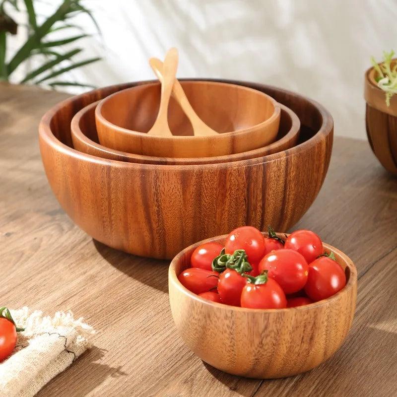 Acacia Wooden Fruit Salad Bowl, Japanese Style Rice Bowl, Single Wooden Ramadan Tableware, Utensils for Kitchen, Wood Soup Bowls