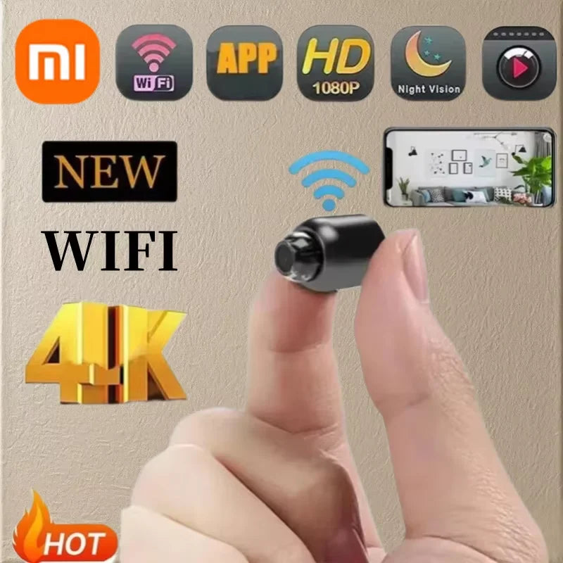 Small camera device held by a finger with various features highlighted on a beige background