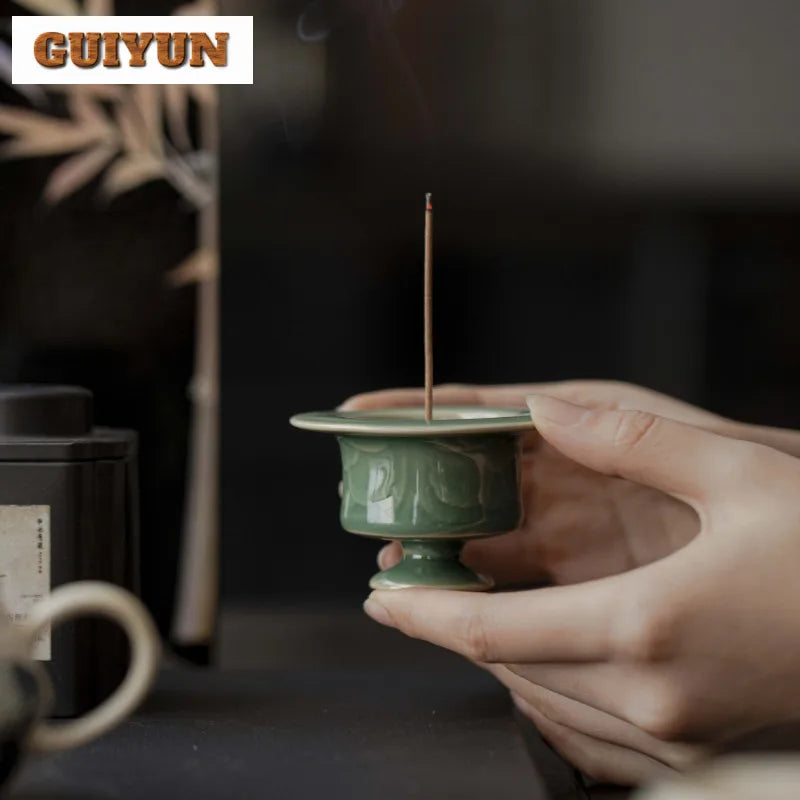 Yue Kiln Celadon Relief Incense Holder Diffuser Incense Burners Stand For Incense Aromatherapy Censer Tea Items Decoration Craft