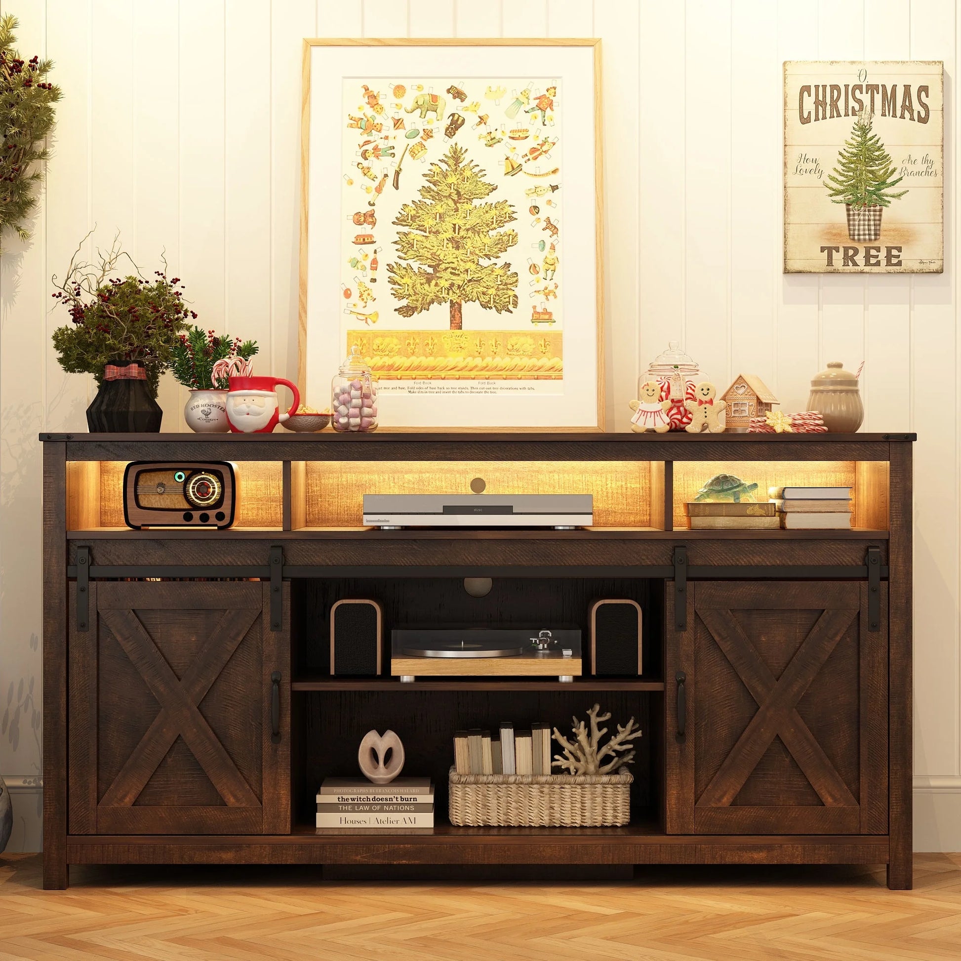 60" Farmhouse Coffee Bar Cabinet with LED Light & Power Outlets, Barn Door Sideboard Buffet Cabinet with 4 Tier Storage