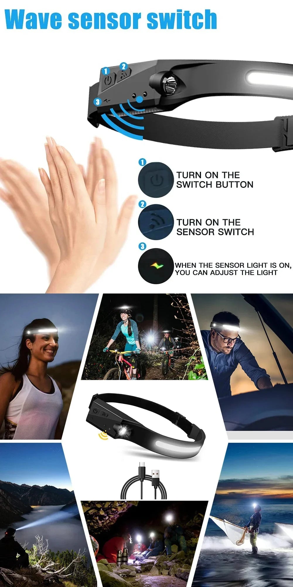 USB Rechargeable Sensor Headlamp – 5-Mode Hands-Free LED Power for Outdoor Adventures