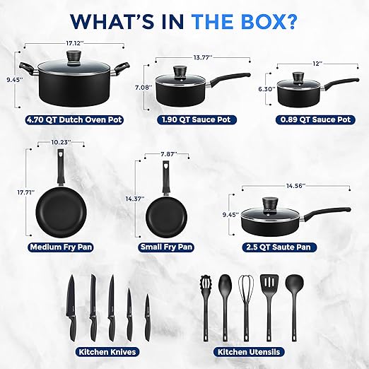 Kitchenware Pots & Pans Basic Kitchen Cookware, Black Non-Stick Coating Inside, Heat Resistant Lacquer (20-Piece Set), One Size