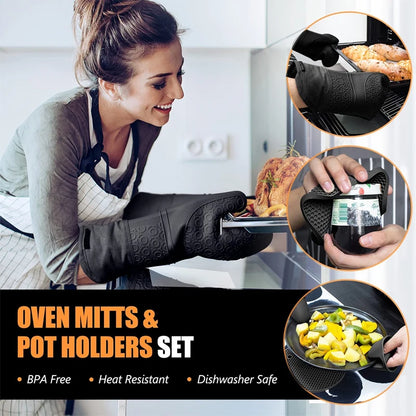 LMETJMA 6Pcs Extra Long Oven Mitts and Pot Holders Sets Heat Resistant Silicone Cooking Gloves Hot Pads Potholders KC0419