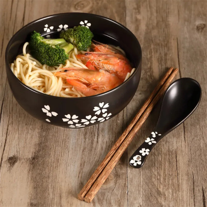 Japanese Style Rice Noodle Bowl with Lid Spoon and Chopstick Kitchen Tableware Ceramic Salad Soup Bowl Food Container Dinnerware