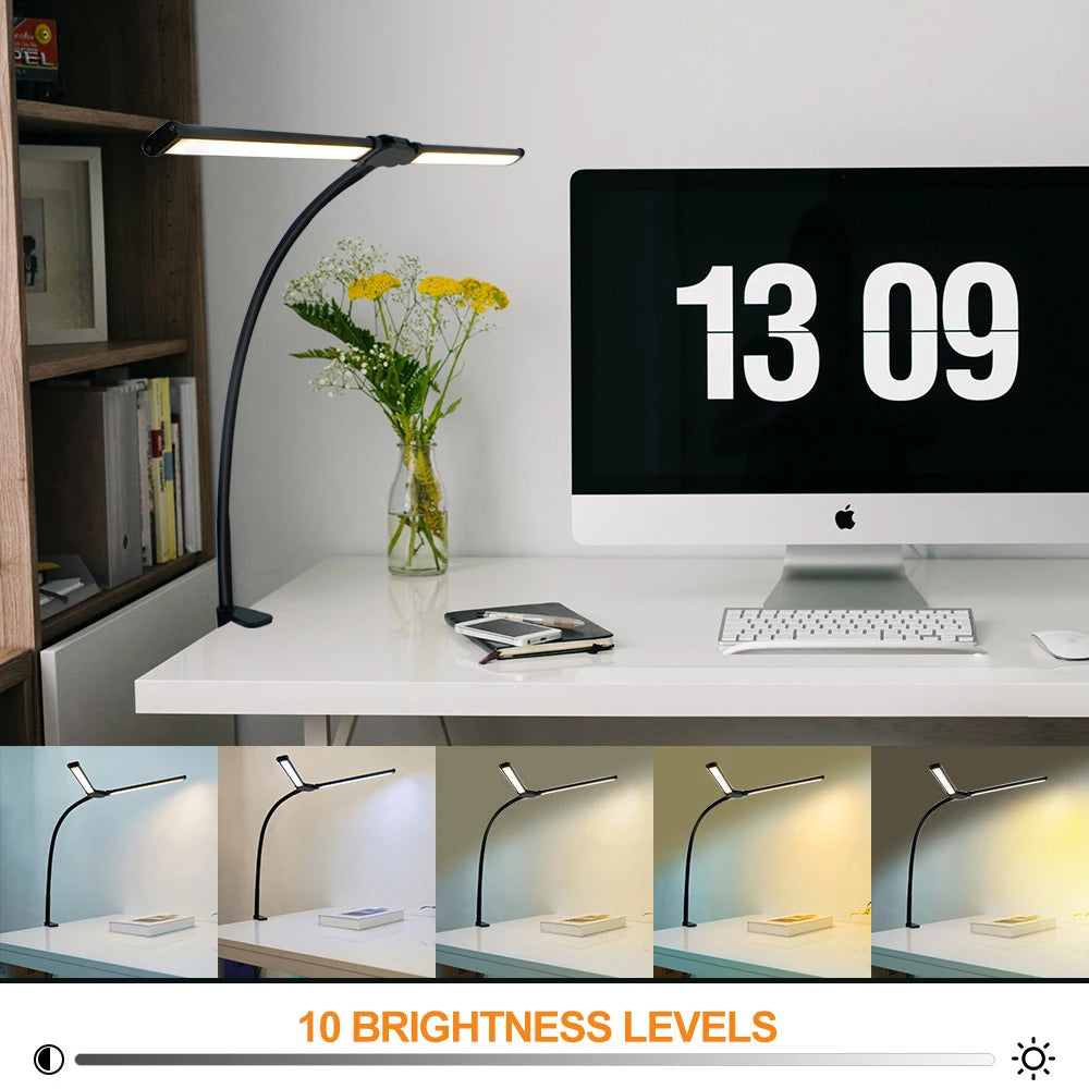 LED Desk Lamp Double Head Steoless Dimming Eye-Caring Home Reading Lights 3 Color Mode Flexible Adjustable PC Office Table Lamps