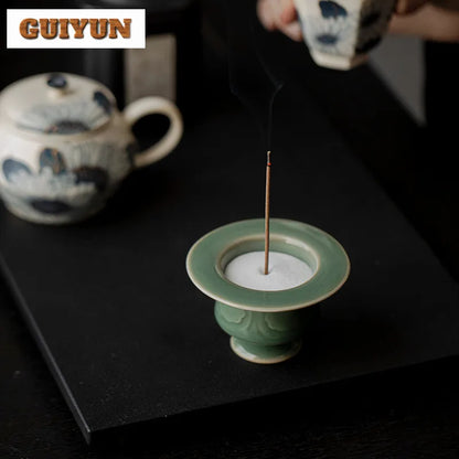 Yue Kiln Celadon Relief Incense Holder Diffuser Incense Burners Stand For Incense Aromatherapy Censer Tea Items Decoration Craft