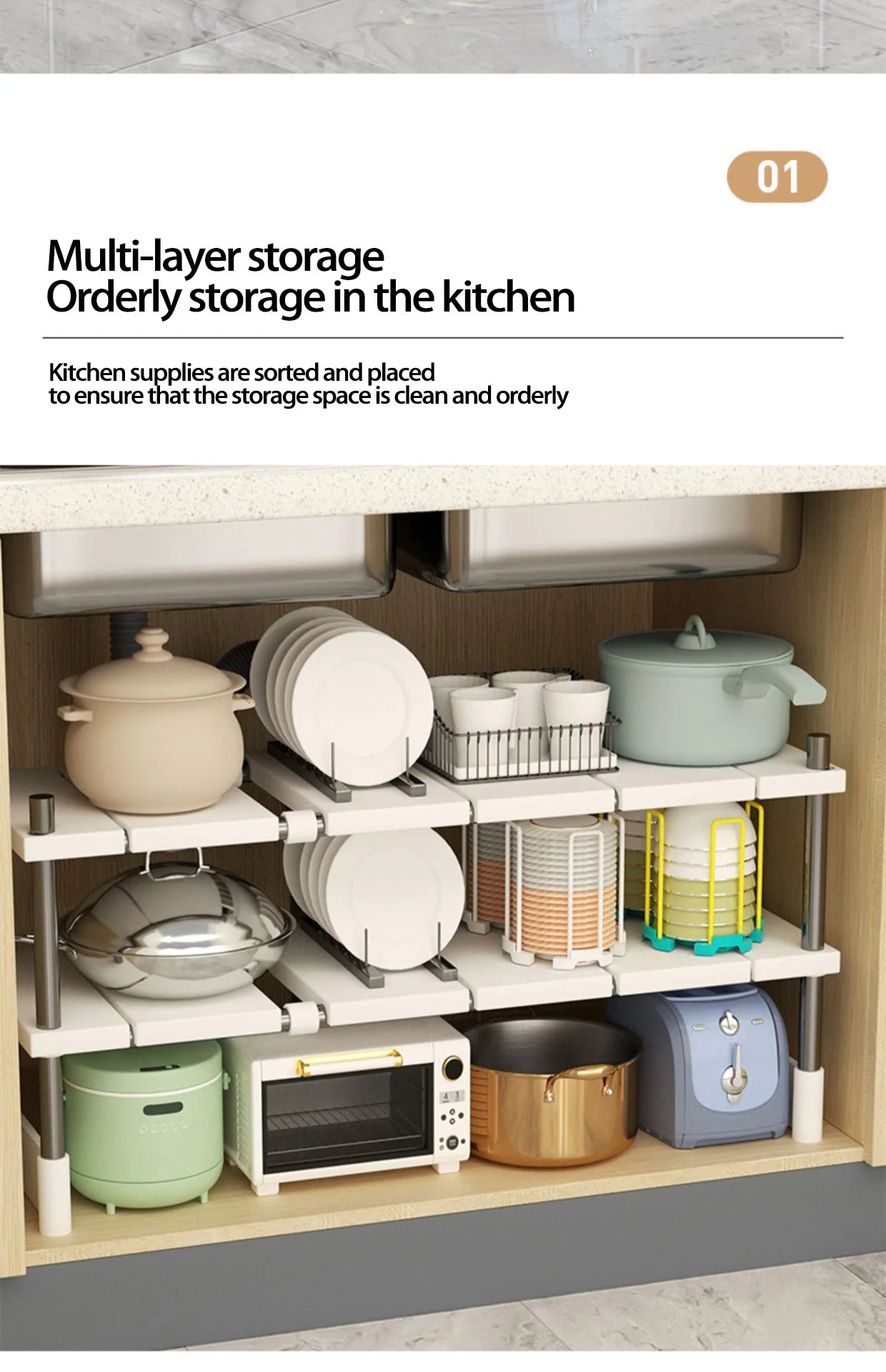 Kitchen Rack Retractable Under Sink Shelf Cabinet 2 Layer Multipurpose Pot Rack Cabinet Layered Storage Rack Bathroom Organizer