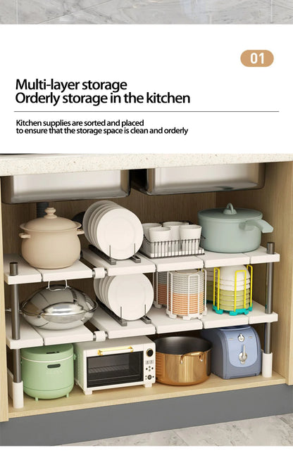 Kitchen Rack Retractable Under Sink Shelf Cabinet 2 Layer Multipurpose Pot Rack Cabinet Layered Storage Rack Bathroom Organizer
