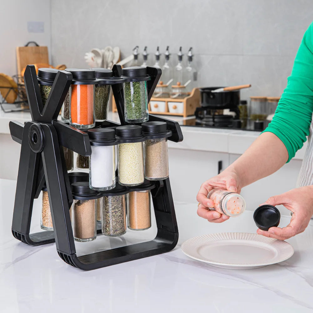 360° Rotating Spice Rack with 18 Glass Spice Jar Set Convenient Salt and Pepper Shakers Seasoning Organizer Kitchen Supplies
