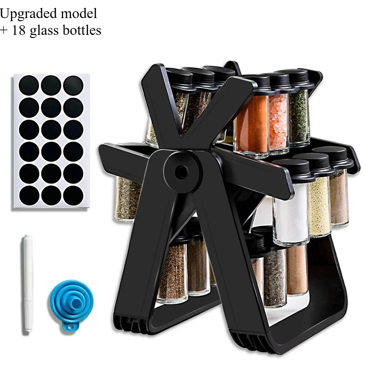 360° Rotating Spice Rack with 18 Glass Spice Jar Set Convenient Salt and Pepper Shakers Seasoning Organizer Kitchen Supplies