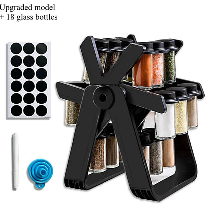 360° Rotating Spice Rack with 18 Glass Spice Jar Set Convenient Salt and Pepper Shakers Seasoning Organizer Kitchen Supplies