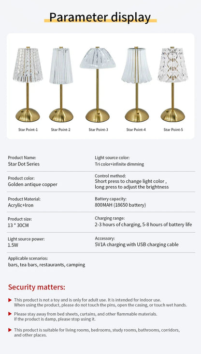 Rechargeable Crystal LED Table Lamp Touch Sensor Dimmable Desktop Nightlight Reading Lamp For Bar Hotel Restaurant Bedroom Decor