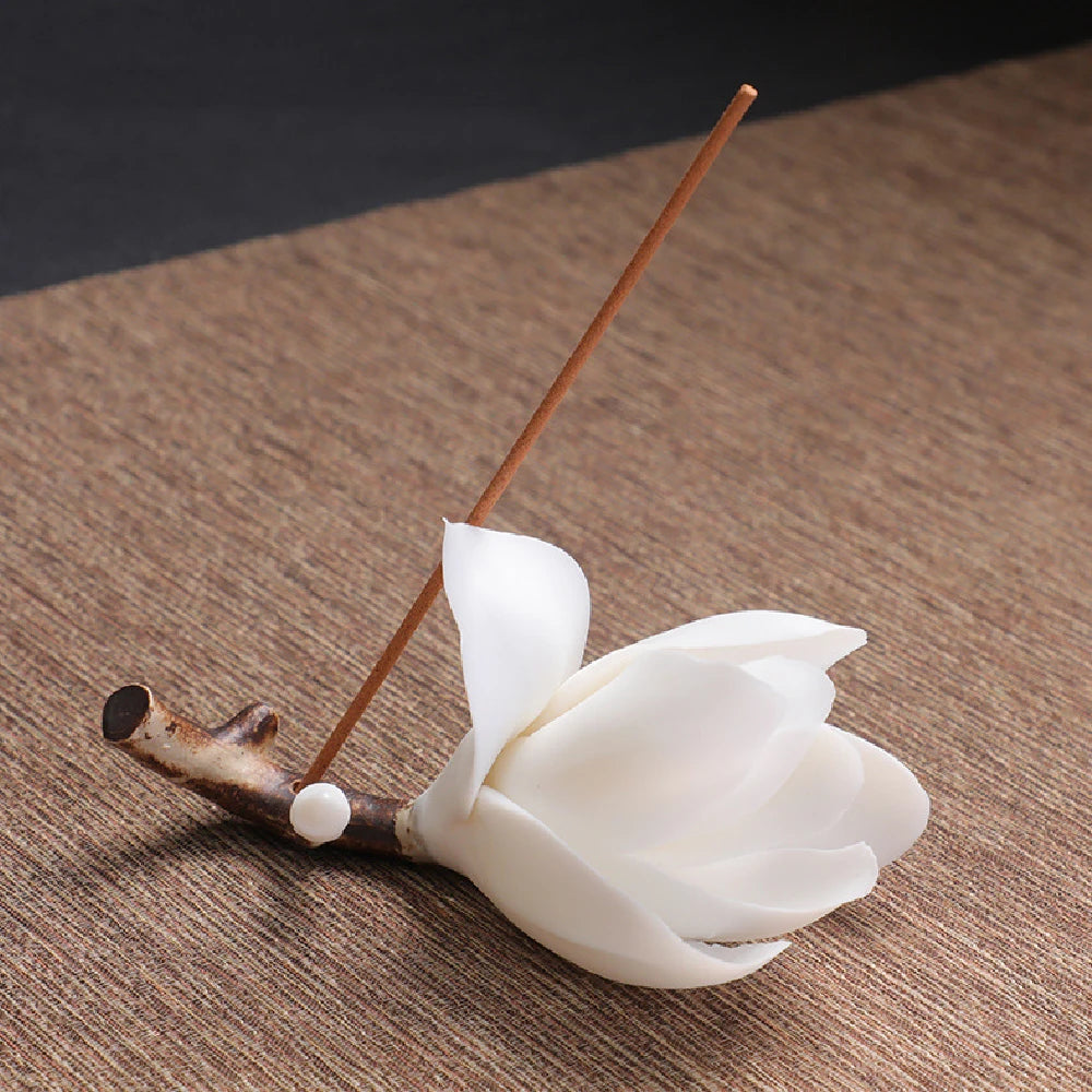 Handmade ceramic magnolia stick incense burner holder, elegant home decoration incense holder
